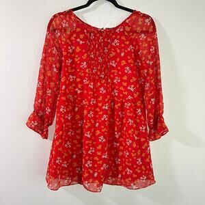 Free People Red‎ Floral Smocked Puff Sleeve Mini Babydoll Chiffon Dress Tunic S